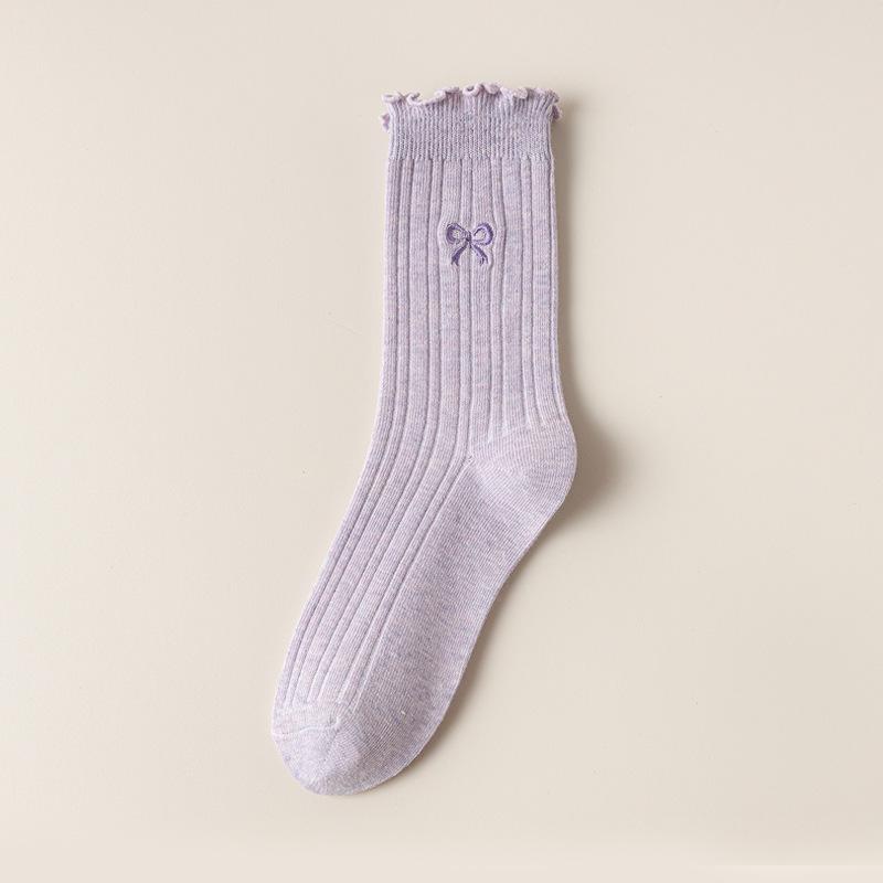 Female Spring and Autumn Embroidery Bow Wooden Ear Edge Boneless Drum Pile Pile Cotton Socks