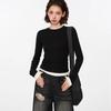 Black Faux Two-Piece Long-Sleeve T-Shirt - 2024 Spring/Autumn Pleated Color Block Slimming Fashion Top