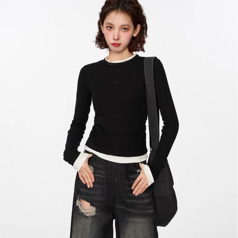 Black Faux Two-Piece Long-Sleeve T-Shirt - 2024 Spring/Autumn Pleated Color Block Slimming Fashion Top