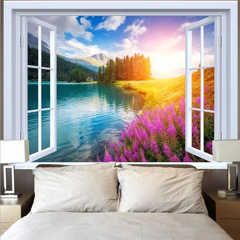 

Outside The Window Tapestry 3D Mountain Lake Sunset Wave Landscape Garden Posters for Outside Large Home Room Decor Wall Hanging 74x94cm(29x37in)