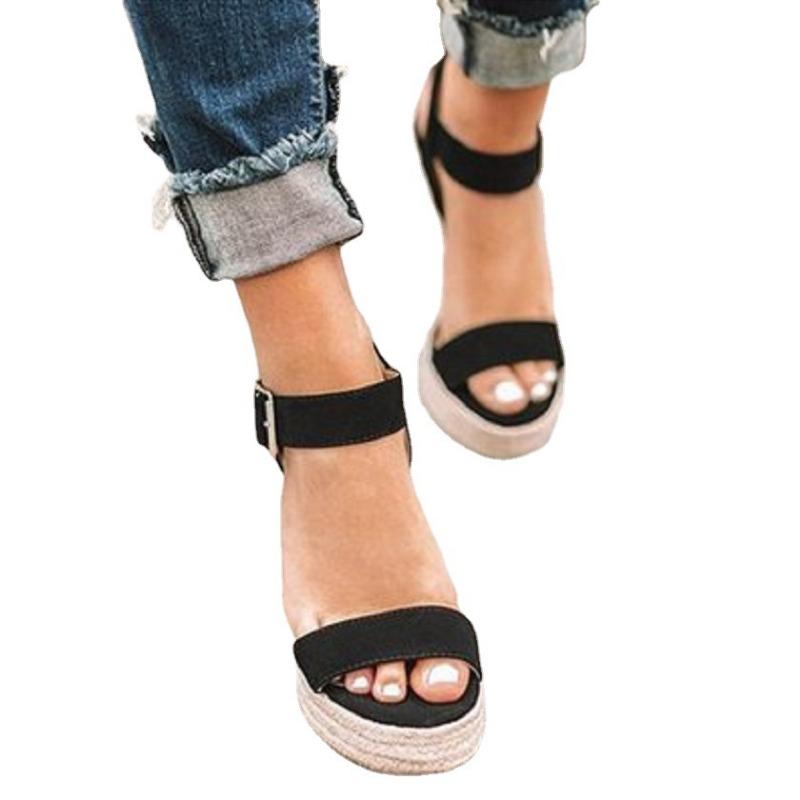 Spring and summer new muffin thick-soled large-size one-word buckle with high-heeled sandals women's thick-soled hemp rope wedge heel sandals