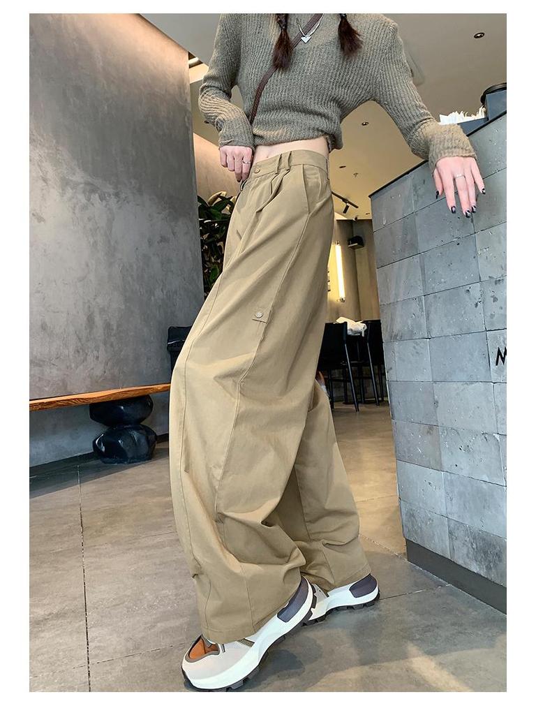 Khaki Retro High-Waist Wide-Leg Women's Work Pants, Extra Long Version for Tall, Spring/Autumn 2025.
