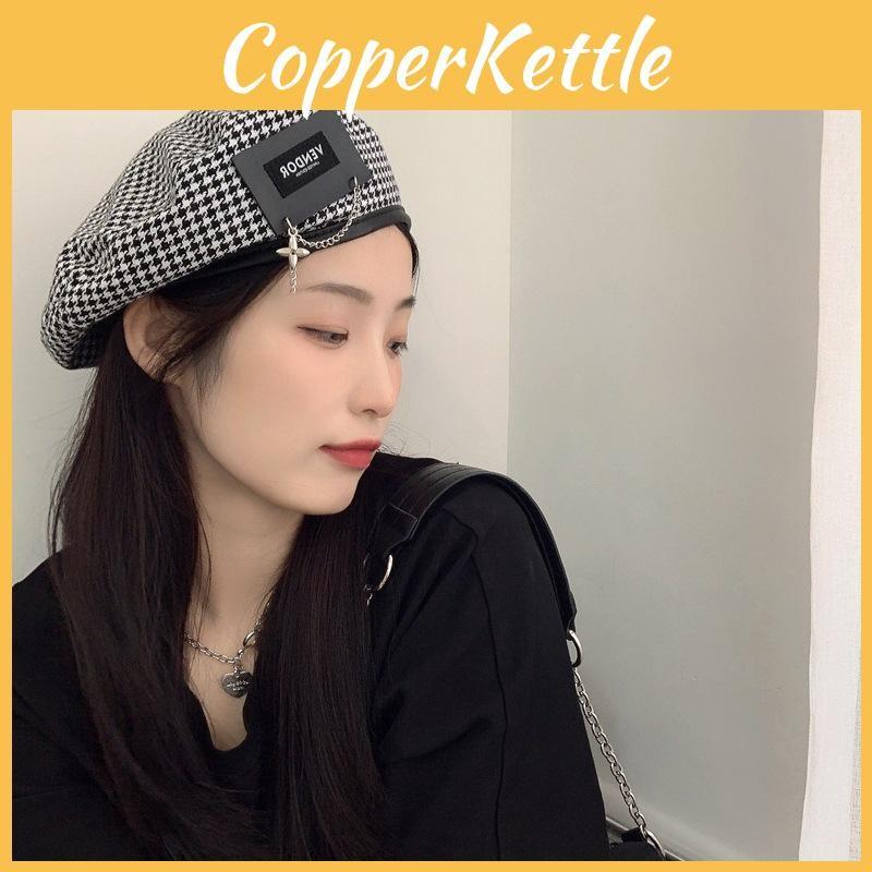 Japanese Houndstooth Stylish Beret Hat For Women With Unique Metal Patch