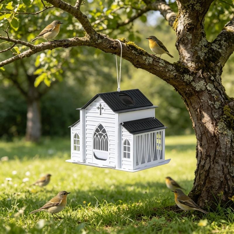 Church Shape Metal Solar Bird Feeders with Light Outdoor Hanging Church Birds Feeders Large Capacity Decorative