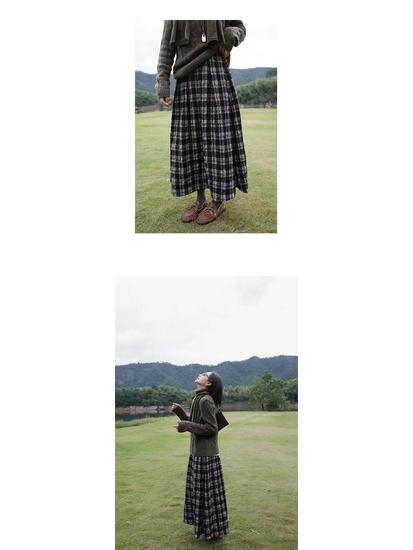 2026 Autumn/Winter Wool Cotton Plaid A-Line Skirt