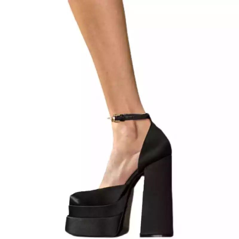 

2025 spring and summer thick heel super high heel single shoes water table bag head large size 41-43 rhinestone buckle square head sandals women 43