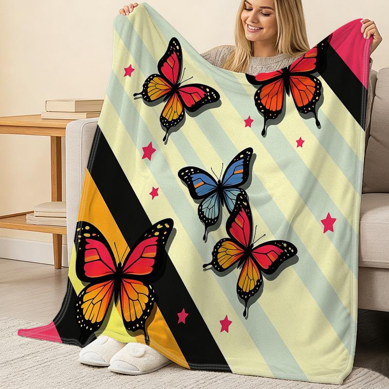 Butterfly Series Print Flannel Fleece Blanket Soft, Warm, Skin-Friendly Cozy Blanket for Home, Sofa, Halloween & Christmas