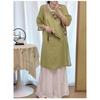Women New Chinese Style Floral Embroidery Linen Dress Round Collar Frog Button Three-quarter Sleeve Casual Loose Fit Midi Dress