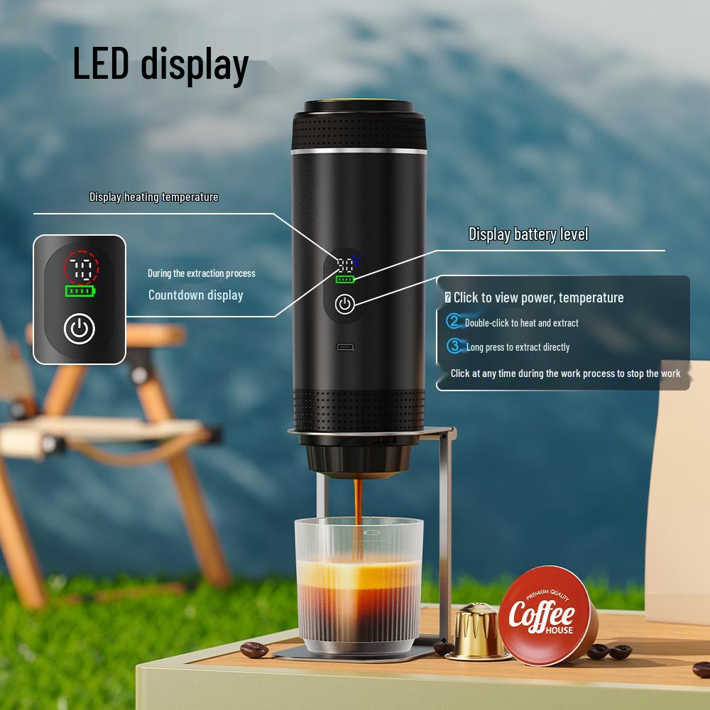 Compact Portable Coffee Maker: Fully Automatic, Heated, 3-in-1 Digital Display for Home, Camping, and Travel Use.