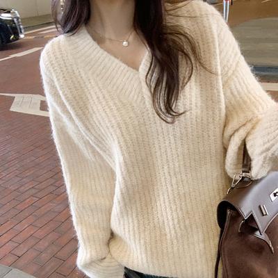 Neuer V-Ausschnitt Lazy-Pullover für Damen Herbst und Winter neuer koreanischer Stil verdickt weich und wachsartig vielseitiges Basic-Oberteil