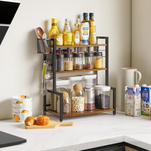 YMYNY 3-Tier Condiment Rack with Large Capacity, Metal Basket and 6 Hooks, Adjustable Height, Waterproof and Easy To Clean, Ideal for Kitchen and Bath