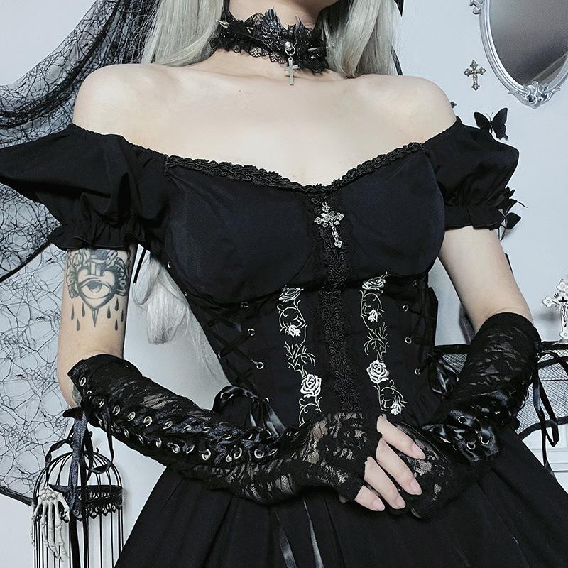 Goth Gothic Vintage Princess Dress Women Dark Lace Up Cross Corset Streetwear Partywear Lolita Female