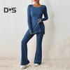 Women Two Pieces Suit Winter Autumn Knitted Long Sleeve Ribbed Slit Top High Waist Flared Trousers Set Fashion Outfit