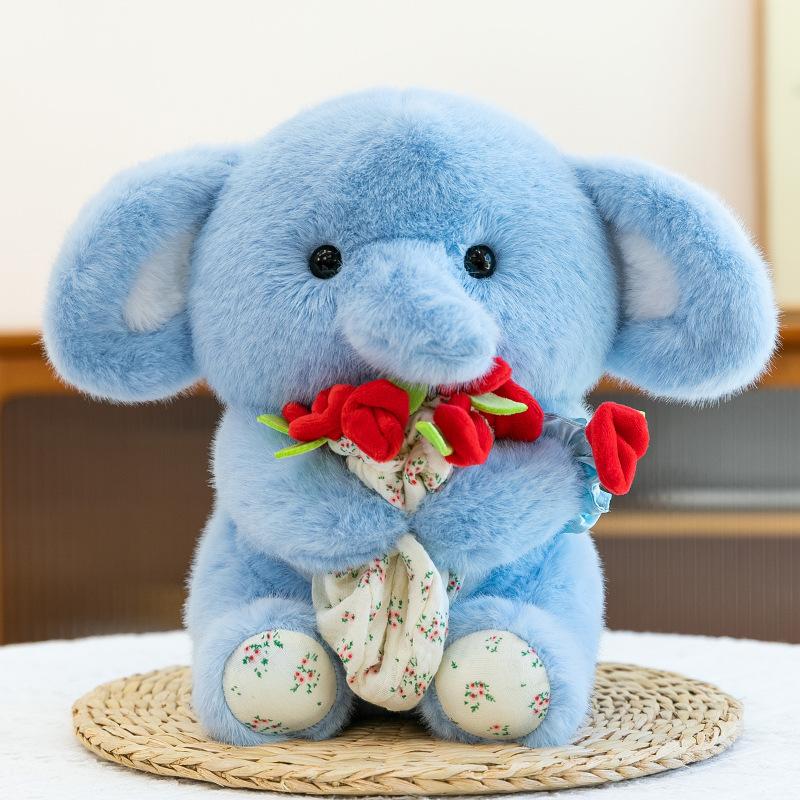 Rose Holding Elephant Plush Toy Cute Stuffed Animal for Valentine‘s Day Gift Confession for Girl Hand Bouquet Doll Soft Plushie
