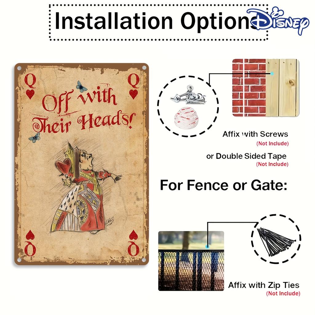 1pc Disney Queen of Hearts Metal Tin Sign - Vintage "Off with Their Heads!" Wall Decor - Alice in Wonderland Inspired Red & Blac