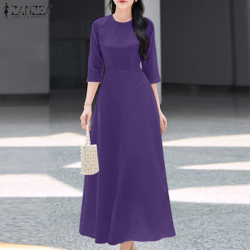 ZANZEA Women Casual Round Neck Solid Color 3/4 Sleeve Summer Long Dress