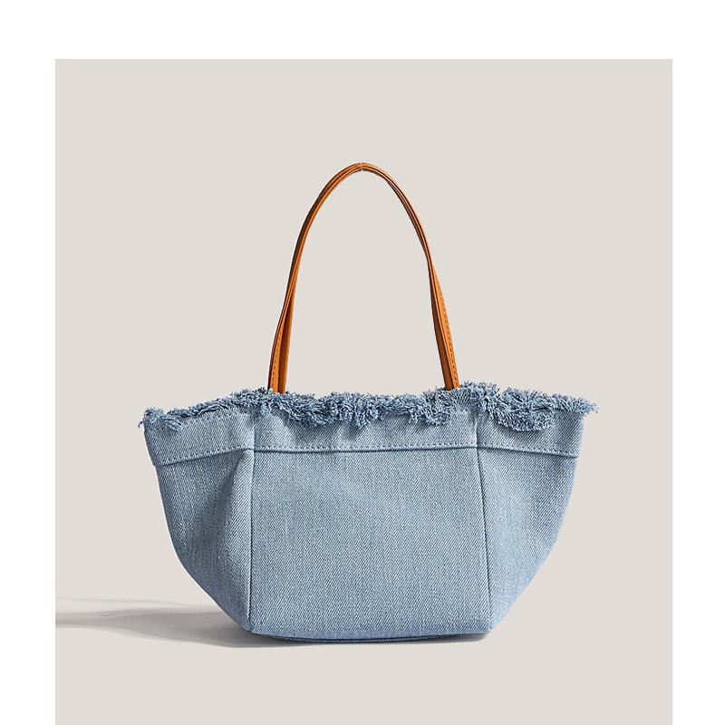 New Trendy Niche Design Denim Splicing Versatile Hand-held Women's Bag Casual Canvas Vegetable Basket Bucket Bag