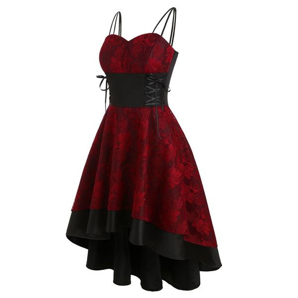 Damen Vintage Hochwertiges Trägerkleid Bandage Schnürung High Low Kleid Partykleid fashionpoint