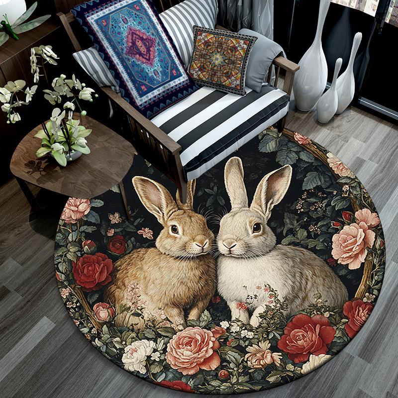 Rabbits Round Area Rug,Carpet Rug for Living Room Bedroom Sofa Playroom Decor,Non-slip Floor Mat