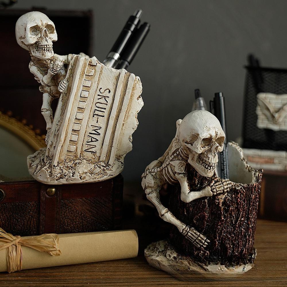 Creative Halloween Skull Pen Container, Spider Man Theme Desktop Ornament, Home Office Pencil Holder Decor