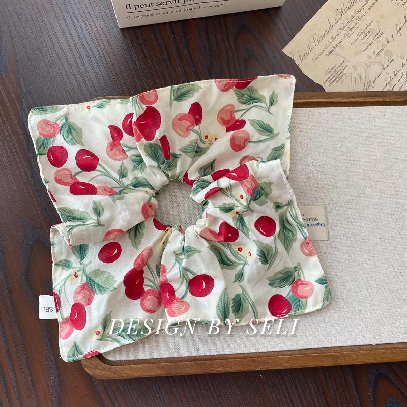 Korean Style Semi-Ripe Cherry Print Square Scarf Hair Tie - High-End Hair Accessory for Girls