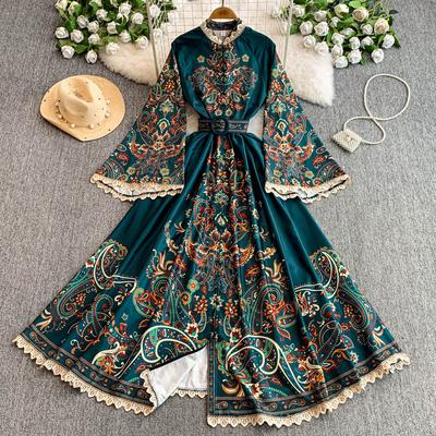 Court-style Retro Single-breasted Flared Sleeve Lace-trimmed Dress A Fashionable Printed Dress for Women