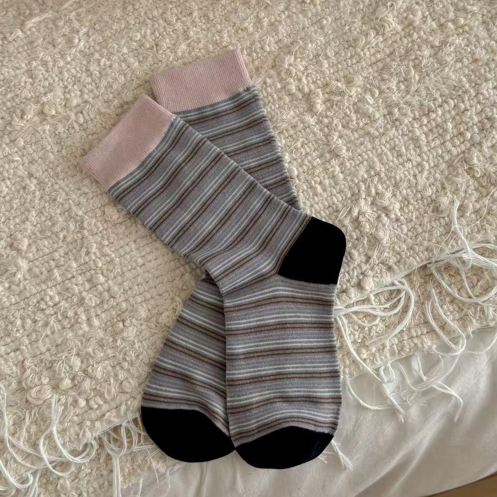 Contrasting Striped Stacked Socks, Women'S Mid-Leg Socks, Trendy Cotton Socks, Summer Thin Retro Sports Stockings