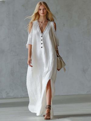 New Lace Trim Loose Shoulder Women's Casual Dress Long Skirt