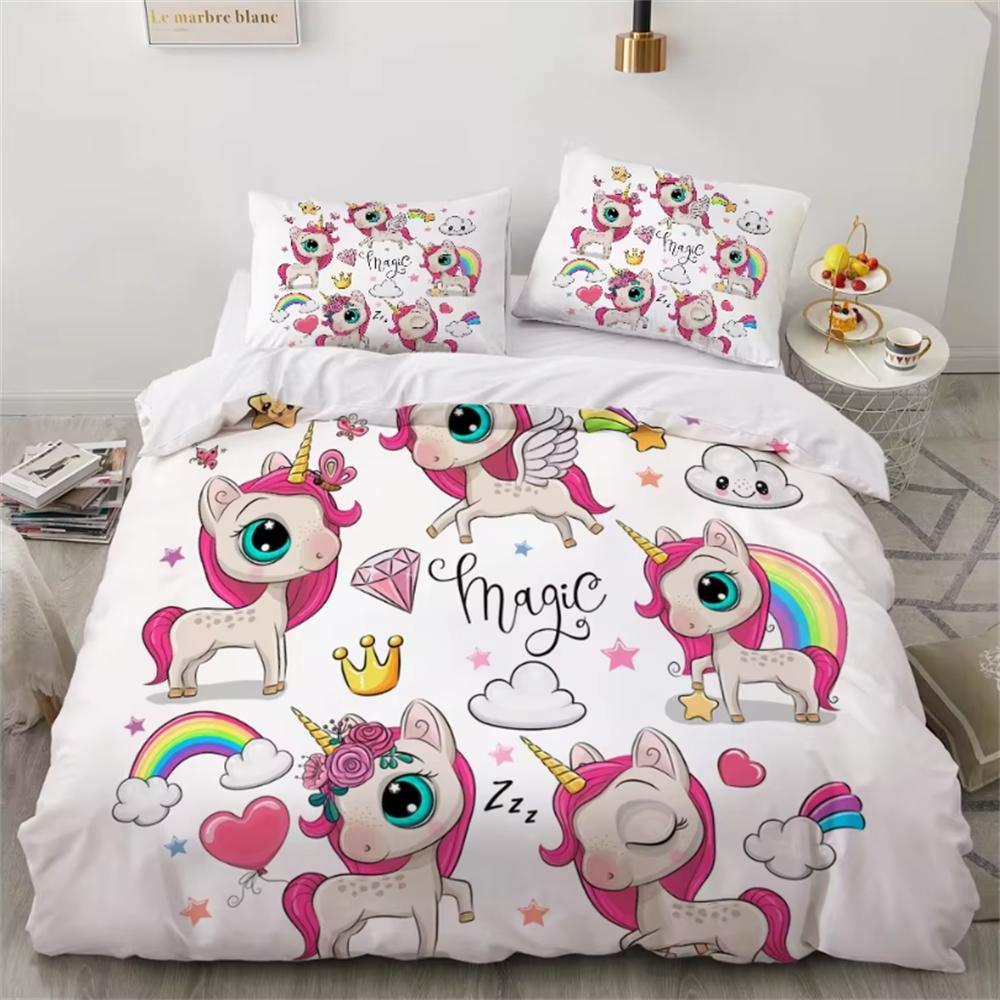 Children Bedding Sets Gifts Unicorn and Colorful Horse Printing Duvet Cover Sets for Kids Girls Boys 2/3 Pcs Single Pink Quilts