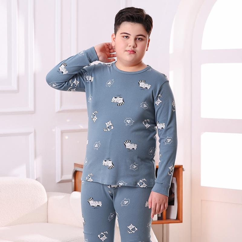 Fat Child Pure Cotton Pajama Set: Boys & Girls Warm Underwear, Plus-Size Base Layer, Autumn/Winter Sweater and Pants