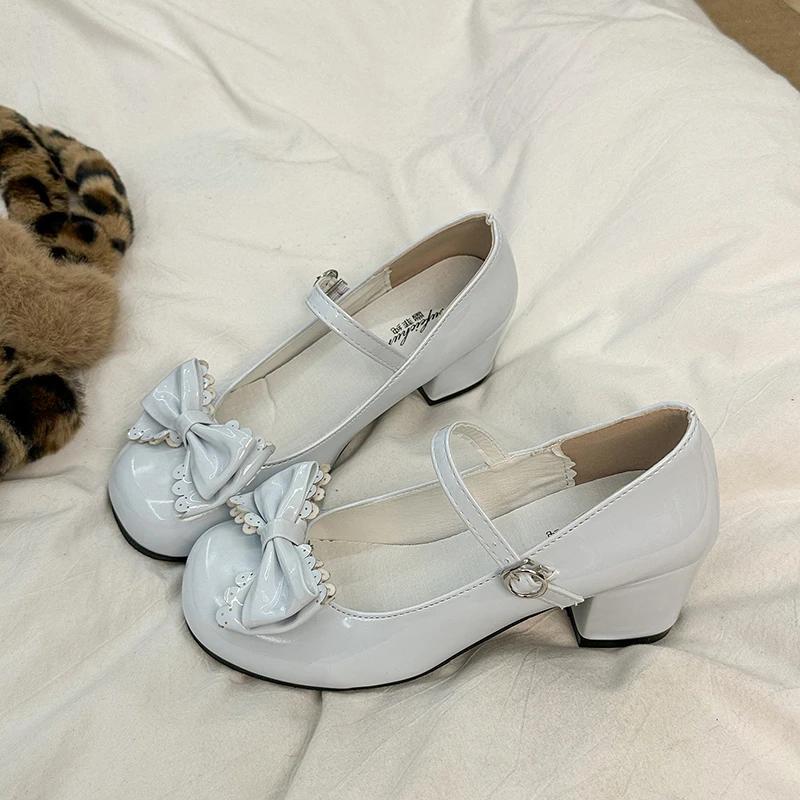 Women Pumps Lolita Style Cute Round Head Jane Shoes Women Bow  Sweet Party Dress Midi Heels Shoes  New Fashion Heels Women