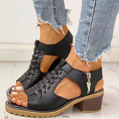 Women's Summer New Casual Round Toe Chunky Heel Cutout Side Zip Sandals Roman Sandals