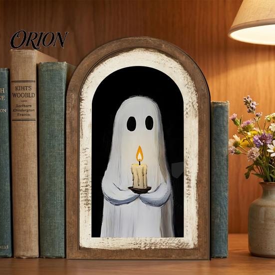 Halloween Spooky Decorative Sign Ghost Wall Decor, Cute Table Sign, Vintage Arch Framed Fall Season Accent Picture, Art for Mantel Living Room Bedroom