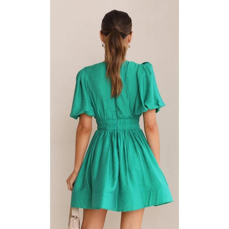 VEZFAA Kvinnemote Sommer Våren Ensfarget Print Kortermet V-hals Høy midje Uformelle kjoler