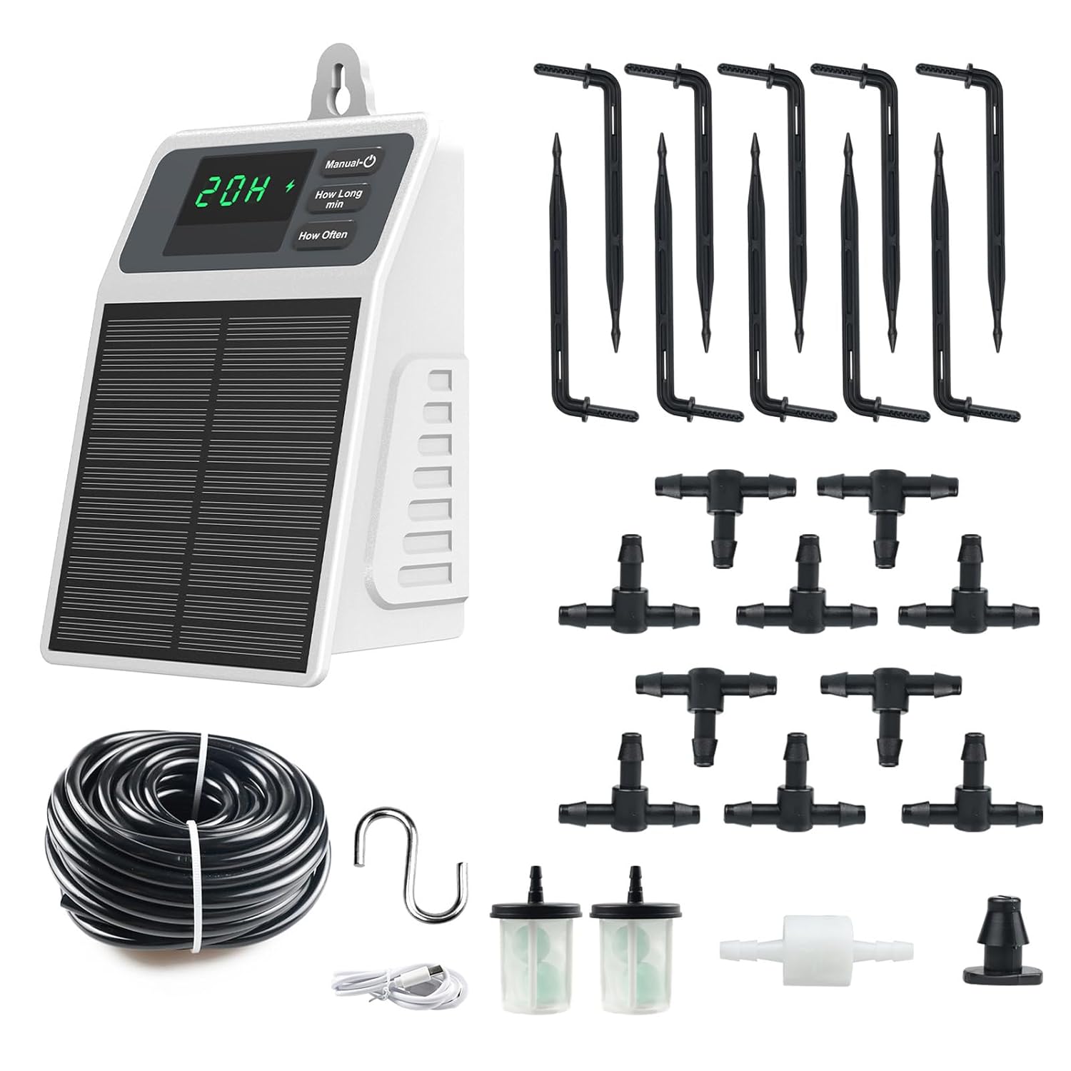 Solar Automatic Drip Irrigation Kit, Smart Timer Watering System, Plant Waterer for Balcony Garden Greenhouse Window Sill, Indoor Outdoor Use белый/чёрный