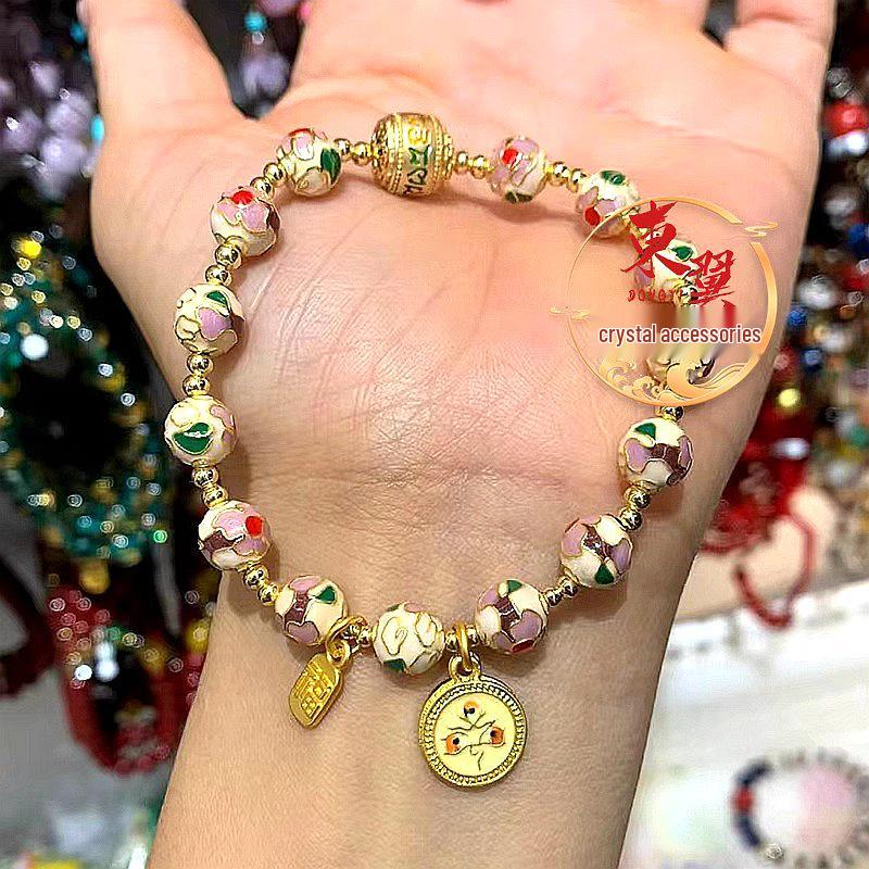 White Cloisonné Six-Character Mantra Fortune Bracelet with Gold Foil and Ash Porcelain Glaze Beads.