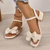 Sweet Square Toe Pu Big Bowknot Decoration Sandals Women Medium Heels Sandals Size 43 Ankle Strap Shoes Women Summer