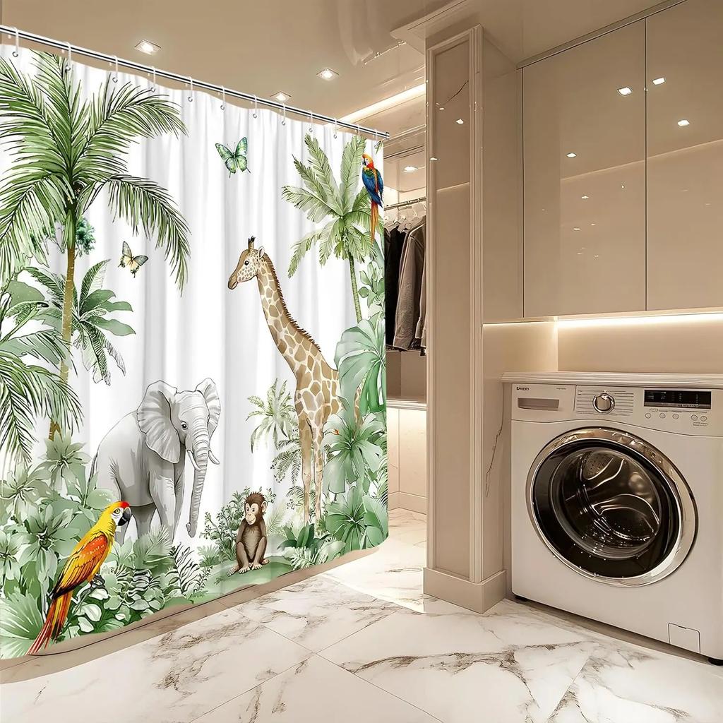 GAEJungle Animal Shower Curtain Forest Giraffe Elephant Rainforest Tropical Safari Green Plant Wildlife Parrot Watercolor Show