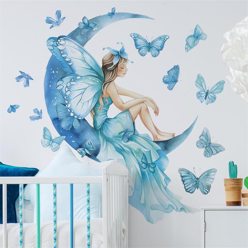 Cute Blue Girls Butterfly Moon Wall Stickers for Kids Decor Bedroom Decoration Living Room Decal