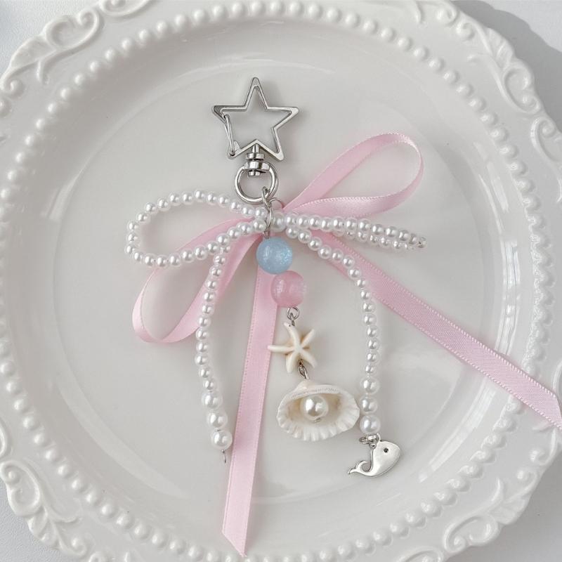 Fashionable Faux Pearls Bowtie Charm Stylish Bowknot Ribbon Keychain Bag Ornament Jewelry for Purses and Accessories