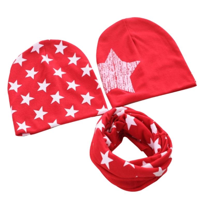 Baby Hat & Scarf Set 3Pcs Unisex Toddler Muslin Hat Pentagram Print Beanie Collar Scarf Infant Windproof Warm Headdress