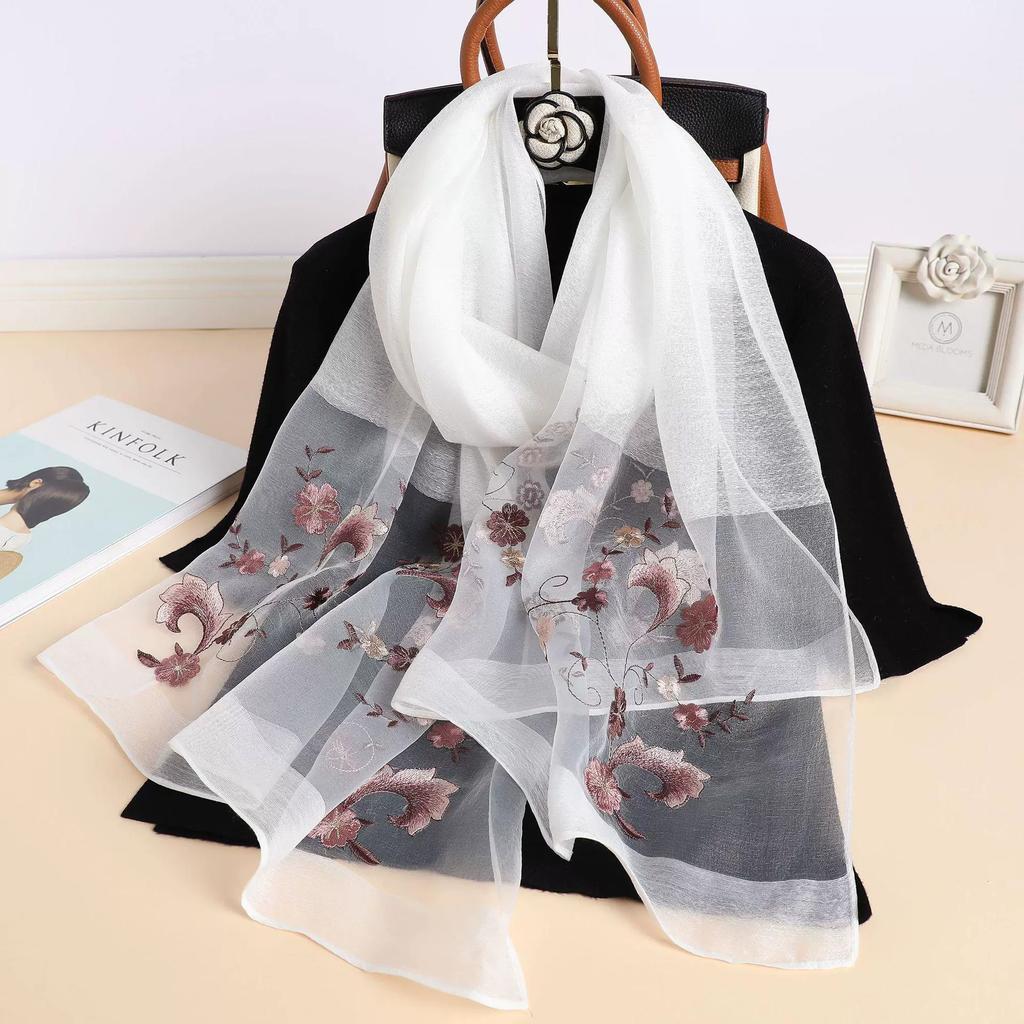 Silk Women Scarf Warm Wool Shawls Lady Wraps Floral Pashmina Embroidery Scarves Foulard Hijab New Long Female Hair Bandana