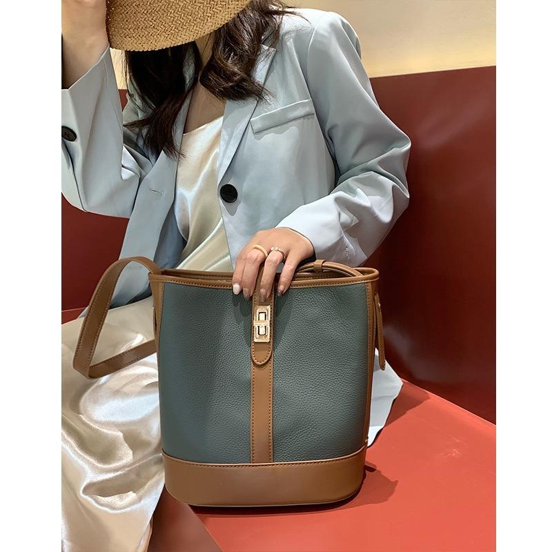 Cowhide Handbag Leather Bag Generation Contrasting Color Splicing Shoulder Bag Large-capacity Commuter Bucket Bag OEM