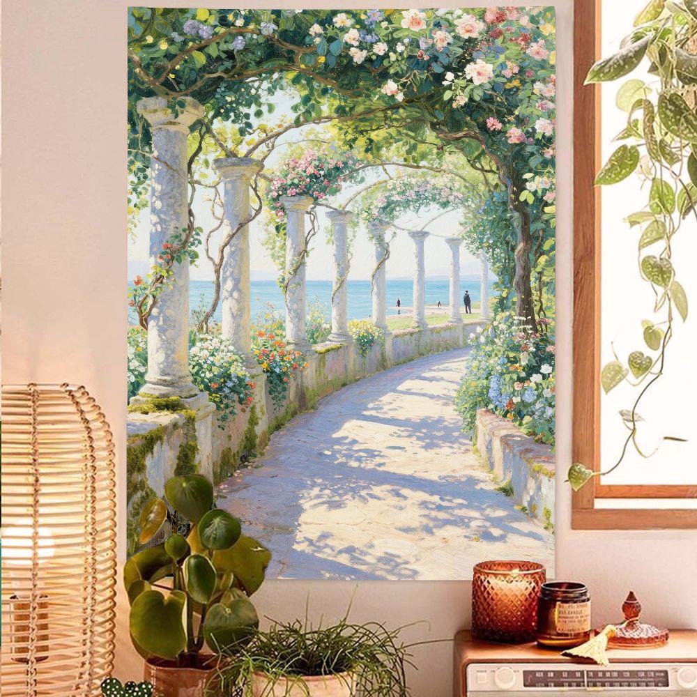 Lake & Seaside Garden Tapestry Retro Impressionist Oil Painting Wall Hanging for Bedroom Living Room Aesthetic Home Art Decor 100X70CM