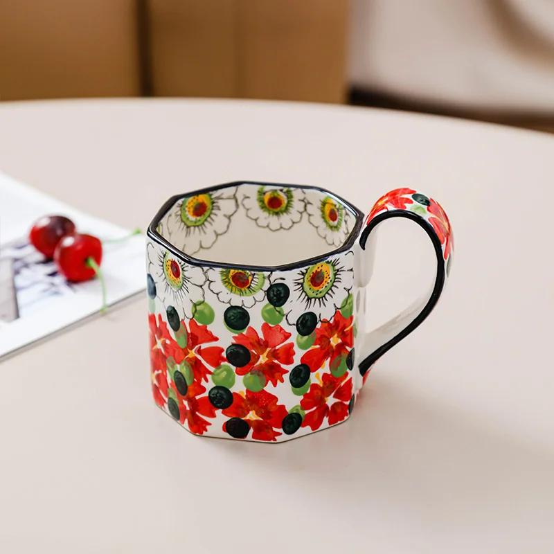 400ML Retro Blumenbecher Keramik Kaffeetasse Polygon Milchteetasse Küchenbar Zubehör Frühstück Milchbecher Büro Trinkbecher