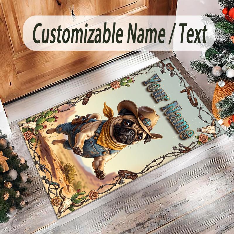 Pug Theme Crystal Velvet Floor Rug Personalized Custom Name Text Warm Carpet Home Decoration