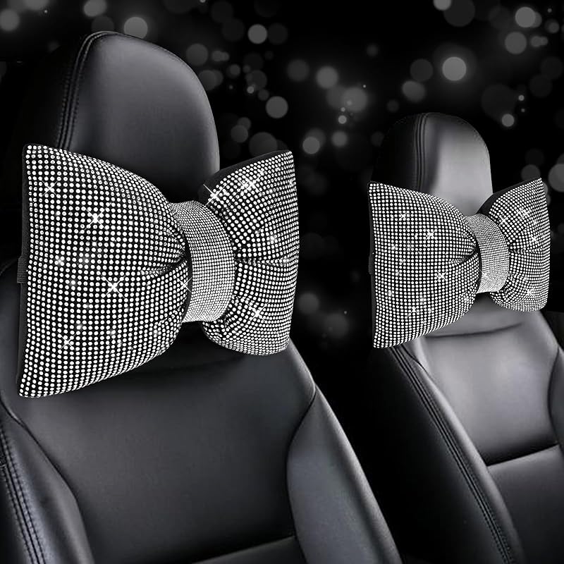 2 PCS Bling Car Pillows,Rhinestones Bowknot Car Headrest Pillow,Car Neck Pillow for Driver Relax Necksupport,Sleeping Travel Support Neck