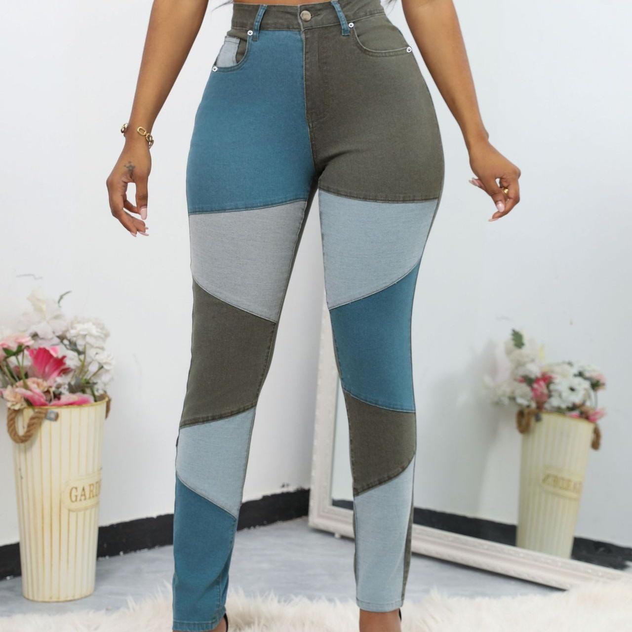 

GMXIA Синий и черный двухцветный пэчворк модный хлопковый стираный деним с высокой талией женская одежда больших размеров M зелёный