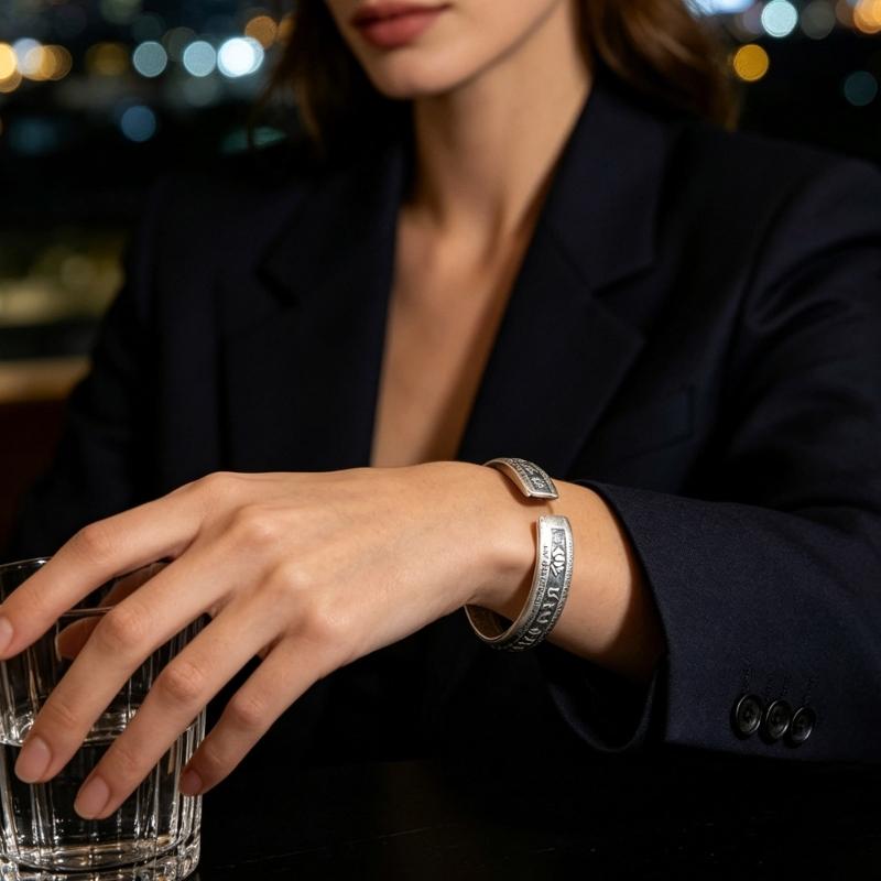 Engraved Open Cuff Bracelet with Vintage Script Detail and Floral Accent, Silver Tone Bangle for Festive Styling and Everyday Wear Use