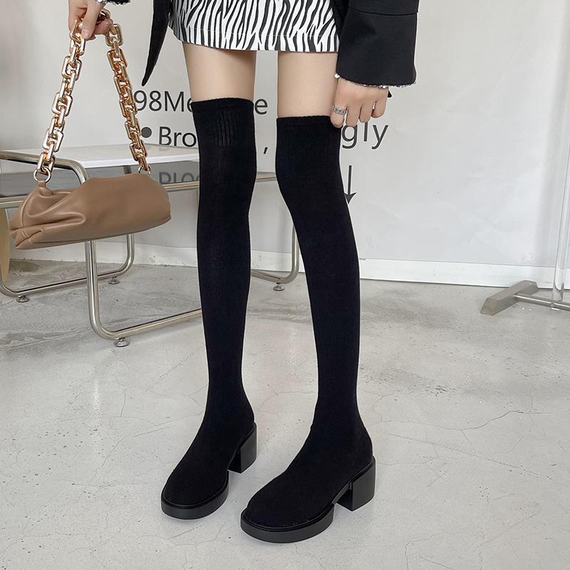 Autunno Inverno Donna Calzino Snellente Elastico Stivali Moda Femminile Tacco Grosso Sopra il Ginocchio Stivaletti Alti